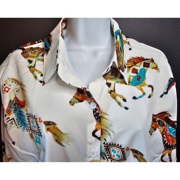 XXL White Horse Print Long Sleeve Button-Up Shirt Western Aztec Boho Cowboy - Picture 1 of 6
